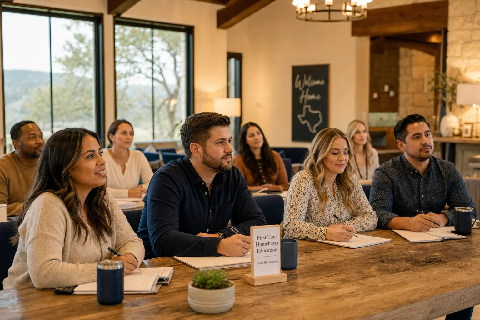 Diverse group of first-time homebuyers at an education event in the Texas Hill Country