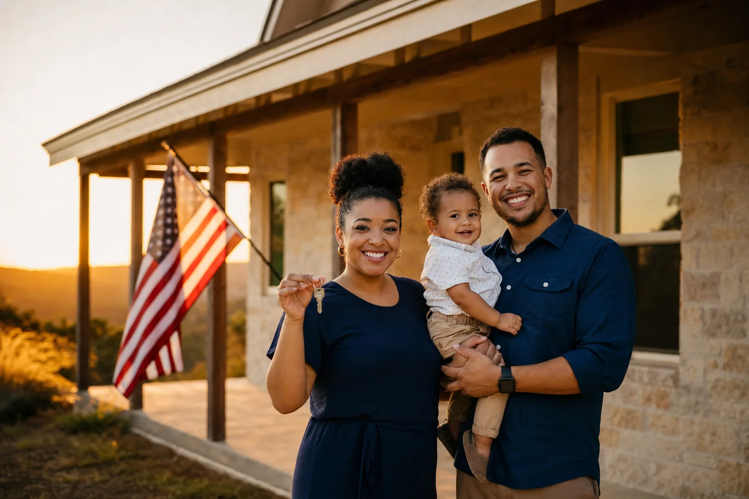 Young family celebrating on the porch of their first Texas home at sunset